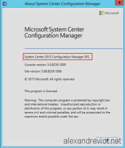 SCCM 2012 SP2 About page